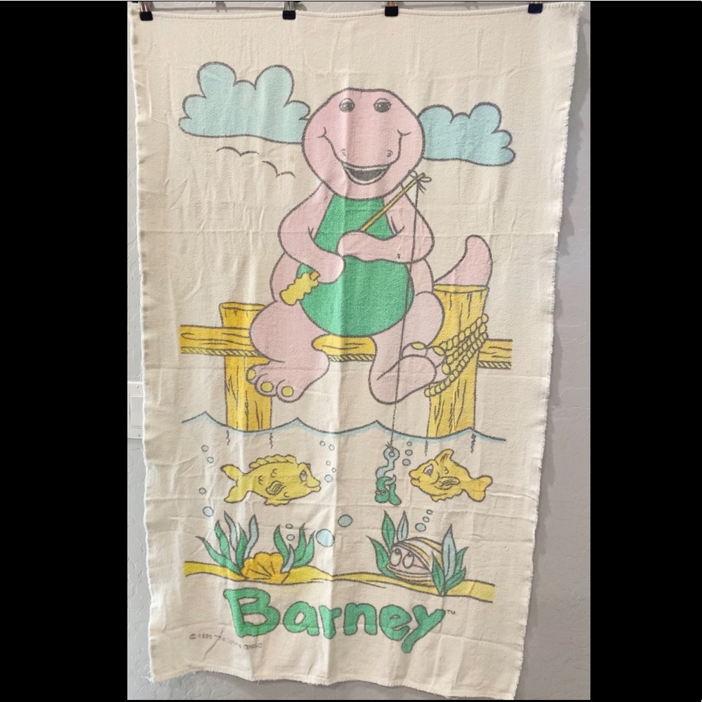Vintage 1993 Barney fishing Beach Towel 49.5”
